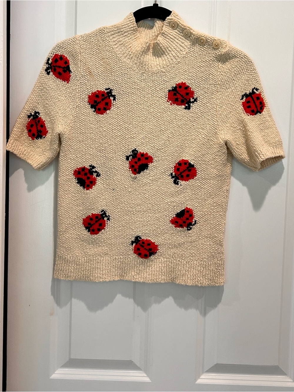Maeve Anthropologie Ladybug Sweater Top Small Cream Mock Neck Short Sleeve Knit - Picture 2 of 6